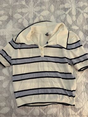 White and Light Blue Striped Polo Sweater Top